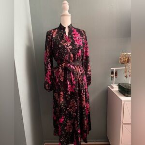 Floral Shein Black and Pink Women's Midi Dress Small